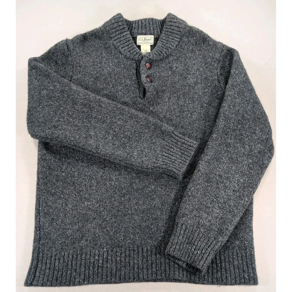 L.L. Bean 100% Lambswool Sweater Mens Large Gray Henley Shawl Collar Vintage